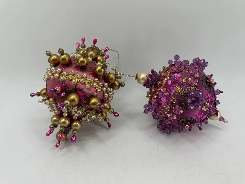 Vintage Handmade Beaded Christmas Ornament Pink Gold Sequin Ball OOAK Decor